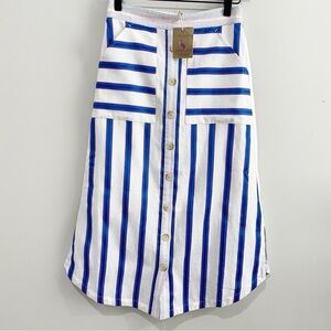 JOULES Orielle Linen Blend Midi Skirt White Blue Stripe NEW Coastal Size 2